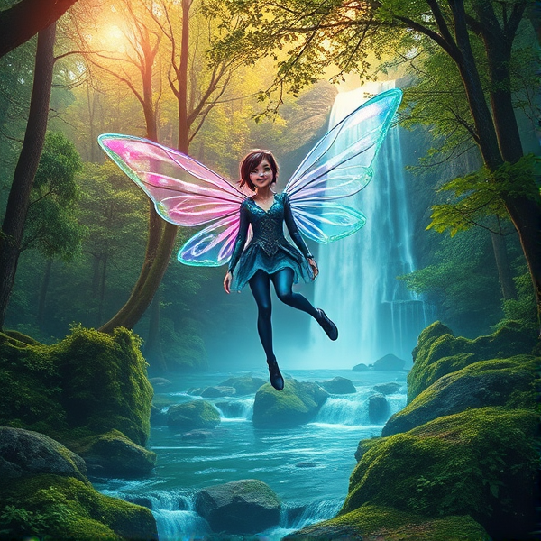 A whimsical cybernetic fairy winking playfully as she flutters amidst a high-tech mixed reality forest, with photorealistic trees seamlessly blending into digital code streams. The fairy is donning a futuristic outfit with iridescent wings reflecting the intertwining of natural and virtual worlds. In the background, an ethereal holographic waterfall glows, cascading down into a digital river flowing with luminescent binary numbers. The lighting is a harmonious  natural sunlight filtering through the canopy and cool, artificial neon accents from the tech elements. The camera angle is a dynamic low shot looking up at the fairy to capture her in mid-wink against this enchanting mixed reality landscape in an ultra-high-definition oil painting style