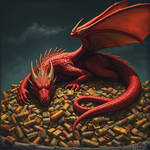 A red sleeping dragon resting on a huge pile of treasure