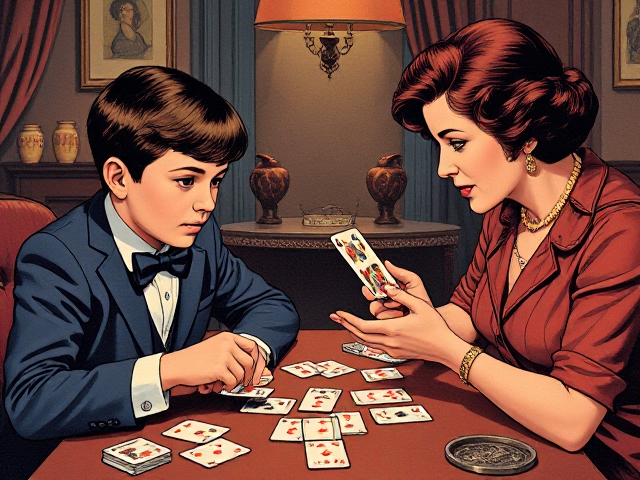 A young 10 year old James Bond playing a card game with his old woman nanny.
