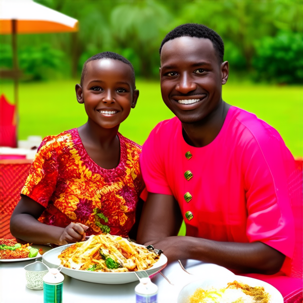 repas en famille traditionnel en extérieur avec des plats africains, sourires, habits colorés, nature environnante