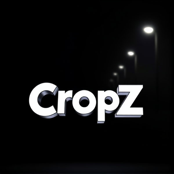 A highly detailed, high-contrast black and white 3D logo featuring the stylish, sans-serif, bold font word "CROPZ" jumping out of a dark background, illuminated by a dramatic ring light that accentuates the model's curved, futuristic edges and smooth, metallic surfaces, evoking a sense of excitement and dynamism, rendered in a vivid, vibrant, high-gradation style reminiscent of Pixar animation, with crisp, sharp lines and geometric shapes, created using the powerful tools of Unreal Engine, Octane Engine, and V-Ray, with an overall aesthetic that is exaggerated, surreal, and eye-catching, taking inspiration from sci-fi and futuristic design.