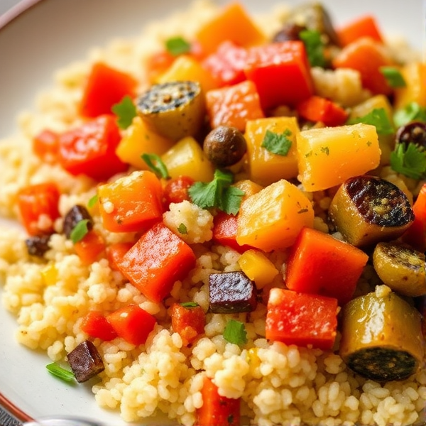 Vegetable Couscous : A vibrant medley of seasonal vegetables cooked to perfection and served over fluffy couscous
