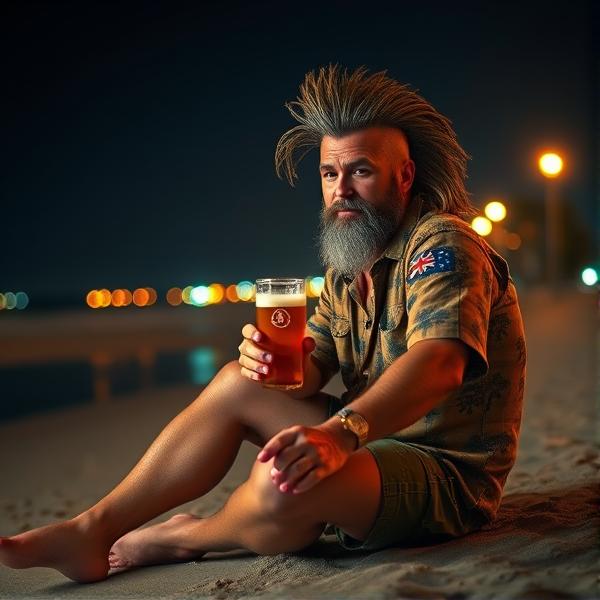 Australian person sitting on the beach with a beer wearing Australian clothes with a big mullet