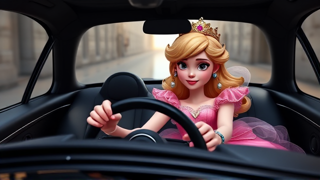 Gothic princess peach driving a Mercedes