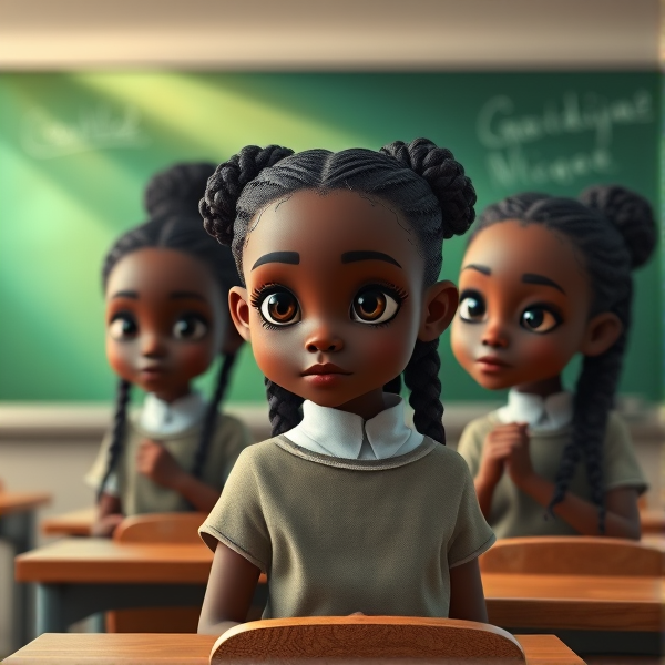 des écolières noires avec des tresses africaine assise dans une classe face au tableau