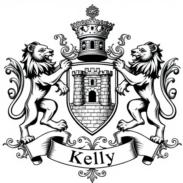 Elaborate heraldic emblem of the Celtic Kelly family crest, featuring a central shield adorned with a detailed castle, flanked by two regal lions in rampant posture as supporters, all elements enclosed within an ornate mantling and filigree. A banner below that says Kelly.
