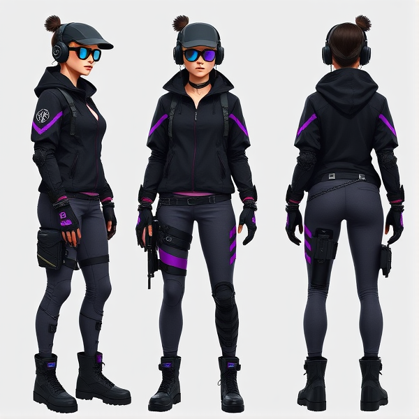 Molly’s gear is a fusion of futuristic technology and urban street fashion, perfectly tailored for her role as a stealth operative. Her headgear includes a sleek matte-black headset with Inner Ear Monitors (IEMs) and an Augmented Reality (AR) monocle that displays critical data and offers thermal and night vision capabilities. Her form-fitting jacket, black with purple and silver accents, is lightweight yet durable, featuring hidden compartments and sensors that monitor her vitals and surroundings.

Her lower body is equipped for both protection and enhanced mobility. She wears grey yoga pants reinforced with nanofiber weaves, paired with a high-tech brace on her left leg. This brace supports her movements with mini-servos and sensors, allowing for greater agility and balance. Molly’s boots are sturdy, flexible, and equipped with noise-cancelling technology, ensuring she can move silently across any terrain. 

Molly’s accessories and arm gear further enhance her capabilities. She sports multi-functional gloves with haptic feedback and a pair of wrist-mounted devices that serve as control panels and defensive tools. Her utility belt and choker are both functional and stylish, with the belt holding essential tools and gadgets, while the choker serves as a communication device. Molly’s overall look blends style, technology, and practicality, enabling her to execute missions with precision and flair.