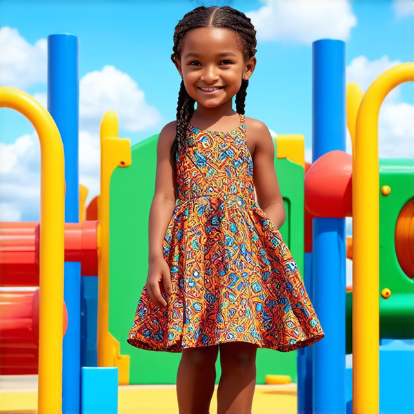 Jeune fille africaine de 8 ans, portant des tresses traditionnelles serrées et élaborées, vêtue d'une robe colorée avec des motifs ethniques, souriante et rayonnante de joie, debout au centre d'une cour de récréation ensoleillée avec des équipements de jeux colorés en arrière-plan
