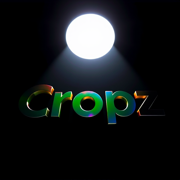 Highly detailed, high-contrast 3D logo with the text "Cropz" prominently emerging in bold, raised lettering against an abyssal inky black background. The "Cropz" text is designed with a cutting-edge futuristic aesthetic, utilizing a bold, sans-serif typeface that appears to spring forth from the void. The palpable depth of the design is accentuated by a concentrated circular beam of brilliant white light originating from an unseen source above, casting sharp and defined shadows that traverse the logo's contours, thereby enhancing its sleek futuristic appeal. The surfaces are treated with a reflective metallic sheen that interacts dynamically with the light, revealing a prismatic spectrum of vivid colors which transition fluidly across its form in intense gradations akin to iridescence; this effect imparts a sense of tangible depth reminiscent of the richly textured animations characteristic of Pixar films. With pristine clarity and precise geometric shaping, the logo echoes the high fidelity visual effects synonymous with top-tier rendering engines like Unreal Engine, Octane Render, and V-Ray. The overall composition exudes an exaggerated and surreal quality that merges elements of science fiction into its core design principle while simultaneously leveraging advanced neuromarketing strategies to evoke a sense of exhilaration and arouse viewer intrigue