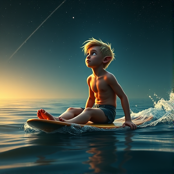 Dnd 30 year old blonde halfling shirtless sitting on a surfboard with his feet in the water, the sea is calm and he is staring at a shooting star