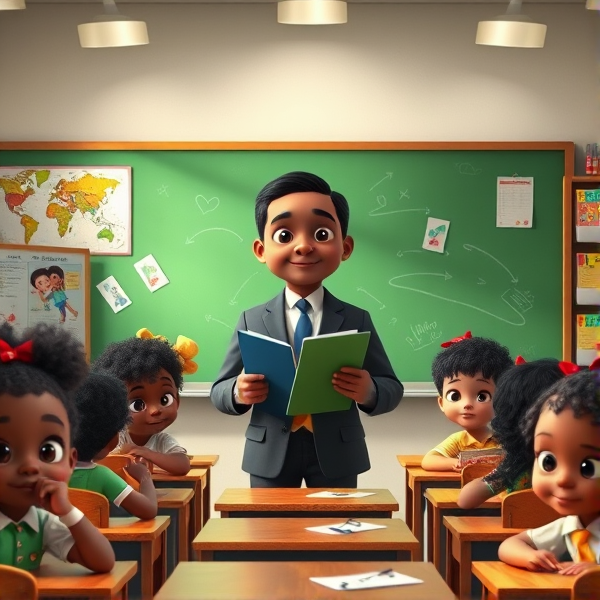 Directeur d'école afro-américain debout tenant un classeur dans ses mains portant un costume formel, dans une salle de classe avec un tableau vert, s'adressant avec bienveillance à un groupe d'élèves afro-américaines attentives de huit ans assises à leurs pupitres. Ils sont entourés de matériel pédagogique adapté à leur âge, comme des cartes géographiques, des affiches éducatives et des dessins d'enfants accrochés aux murs. La scène dégage une atmosphère chaleureuse et encourageante.