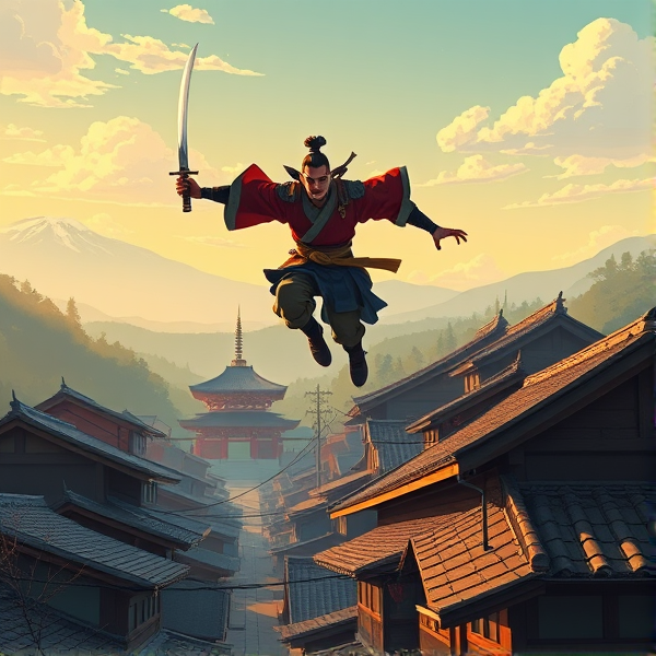 the japanese samurai runs away jumping over roofs in a village running to a japanese temple in the distance in the morning with mountains in the background