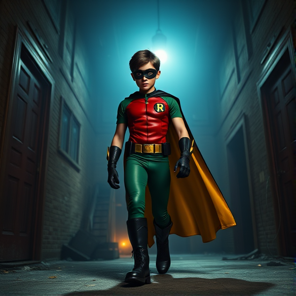 Movie Scene: A preteen 12-year old boy with light skin and dark brown hair named Connor Bardley, but dressed as Robin, The Boy Wonder, with an extremely muscular body, a sleek green suit with a red torso with a black circle with a yellow R symbol on his left pectoral, a gold utility belt, black boots, black long-cuffed gloves, a big, ankle-length, ultra-wide cape that's black on the outside and yellow on the inside, and a black eye mask, walking through an abandoned house at night, looking for clues to the mystery he is trying to solve.