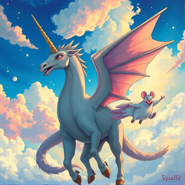 Griffin crossed with a scenecore unicorn with bird angelic wings who has a magical ghost mouse as a sidekick