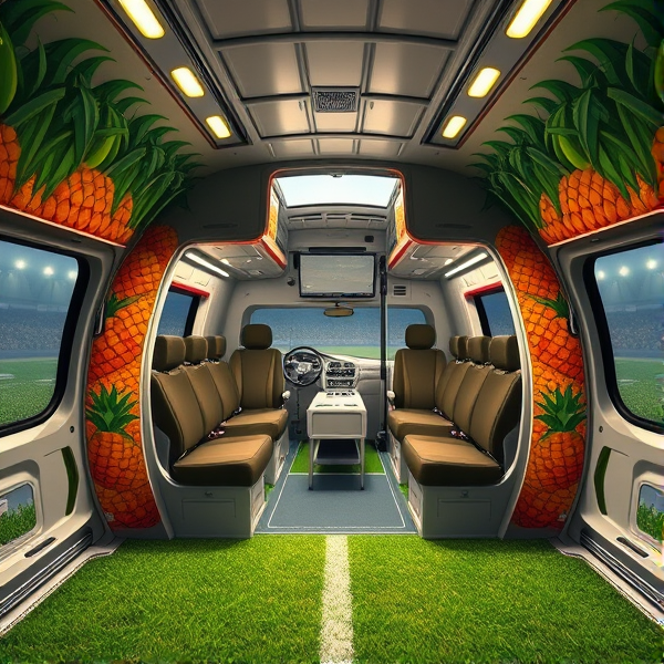 Caravane ananas géante personnalisée avec des motifs de terrain de football, des joueurs en action peints sur les côtés, équipée d'un intérieur spacieux pour le confort des athlètes, comprenant des sièges réglables et des casiers de stockage pour l'équipement sportif, avec un toit ouvrant pour une ventilation naturelle