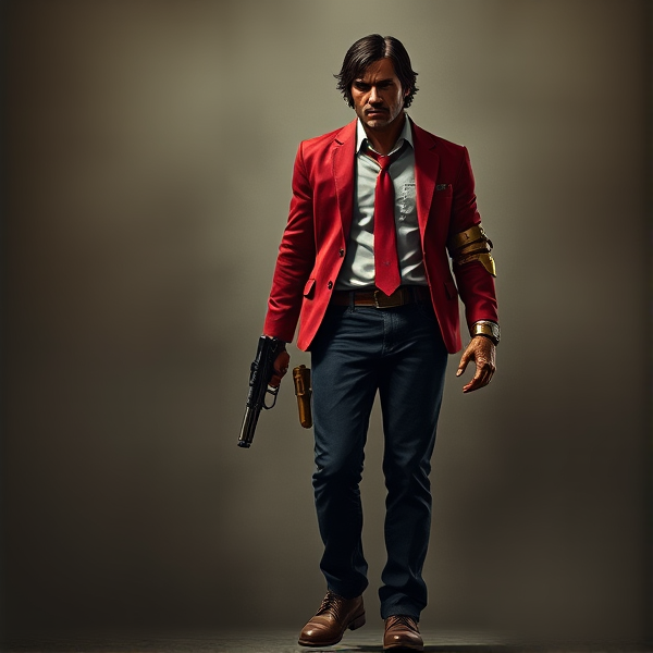 Full body image. John Marston: his skin was now a dark reddish-grey and his cybernetic left arm was now gold. It seems his arms weren’t the only thing that changed, he saw his suit had gotten a complete replacement, by all means it was still his suit (Kevlar and all) but the jacket was red, along with his jeans (although his jeans were a darker shade of red) and shoes, his belt and shirt were black, his tie was still red, and his desert eagles were now gold and had red glow sights
