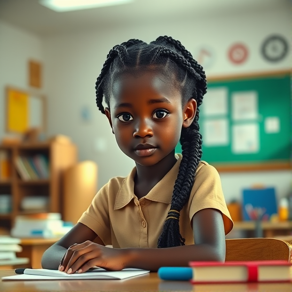 A young African girl, approximately 8 years old, with intricate braided hair, sitting attentively at her desk in a brightly lit classroom setting, surrounded by educational materials and school supplies