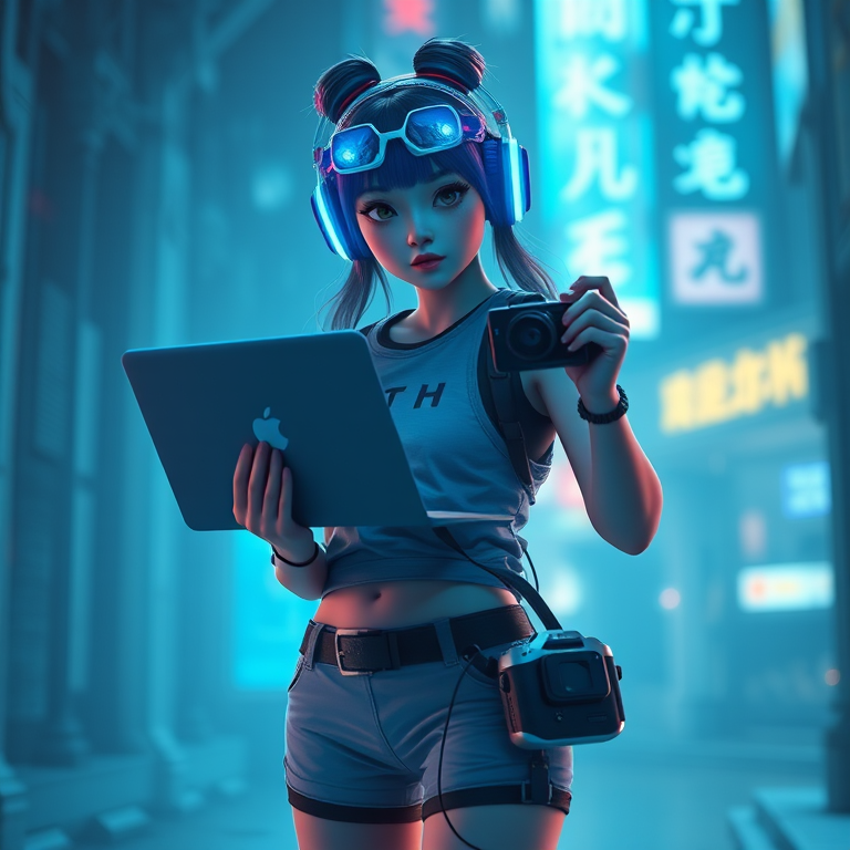 artoon China 20-year-old girl standing, holding a laptop in one hand and shooting with a mini camera in the other hand, wearing cyber headphones, cyberpunk, light blue style, surreal science fiction, optimized materials, movie poster, glow effect, high details, detail shot (ECU), Unreal Engine, Quixel Megascans rendering, 3D
