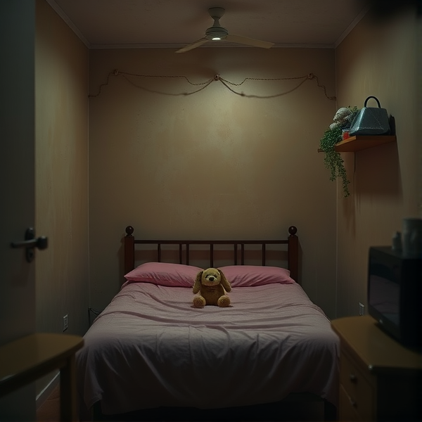 A dimly lit bedroom in a lower class home in the Philippines, with a single bed with pink bedding & a cute little stuffed dog.  Realistic picture