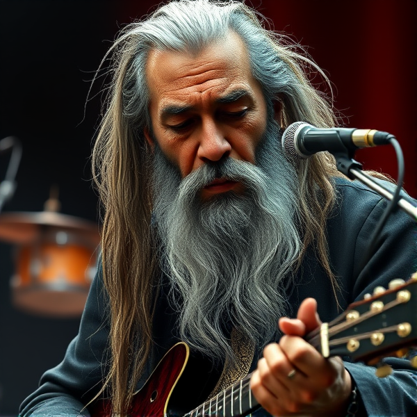 Create a highly detailed 3D rendering of an aged Chicago blues singer with long, unkempt gray hair and a long beard on stage with. Marg Simpson on drums, Michael Jackson on microphone