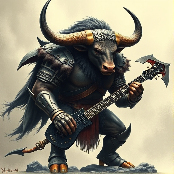 Créer une image détaillée d'un minotaure imposant en armure de guerrier, avec un corps et une tête de taureau. une guitare hache Gene Simmons