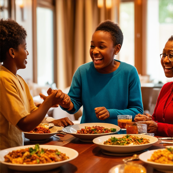 famille nombreuse africaine animée et souriante, partageant des rires et des conversations chaleureuses autour d'une grande table en bois abondamment fournie en mets traditionnels colorés et appétissants typiques de la 'soul food'. Différentes générations, des grands-parents aux petits-enfants, dégustent ces plats dans une salle à manger éclatante de lumière et décorée avec goût pour l'événement, où la joie et la convivialité rayonnent