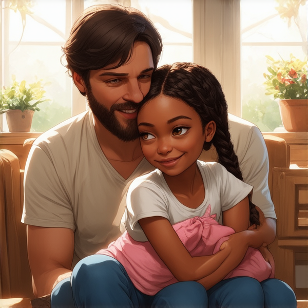 An 8-year-old African girl with intricate traditional braided hair, sitting comfortably on her mother's lap, both exuding a warm and nurturing atmosphere. The mother is depicted as loving and protective, embracing her daughter in a cozy, homelike setting and there are his father also with her