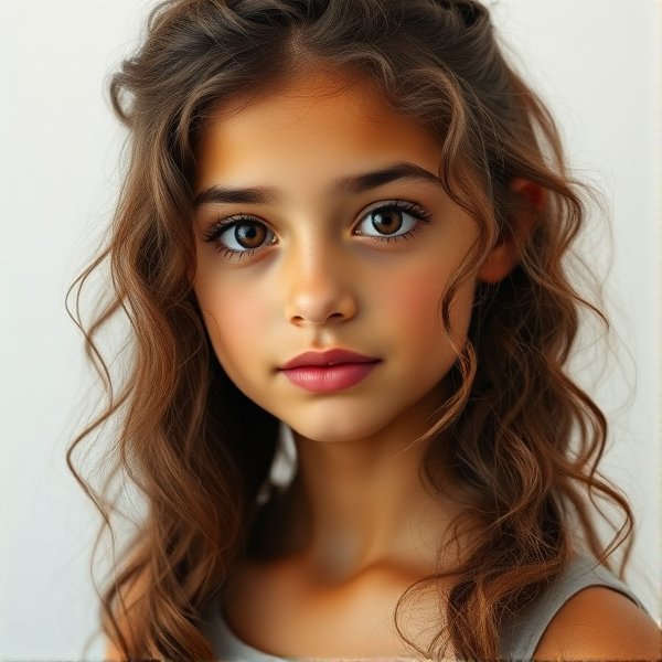 A 14 year old girl with long naturally curly brown hair, short eyelashes, high-ish cheek bones, brown eyes, medium thick eyebrows, medium thick lips, slight tan skin, slight natural blush light under eyes. In realism