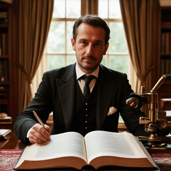 A Victorian explorer in an antique study room, his fingers delicately tracing over a large, ancient leather-bound tome that seems to be brimming with countless textures. The tome is open on a desk crafted of dark mahogany, intricate carvings depicting mythical creatures winding around its edges. He looks on with wide-eyed curiosity at a magnified fabric swatch under a brass microscope, showing a rich tapestry of interwoven threads that shimmer under the warm glow of an overhead Victorian chandelier. Around him, walls lined with oak bookshelves filled with various old books, maps, and curious artifacts from around the world add to the texture-rich environment. The ambiance of mystery and discovery is palpable. An ornate Persian rug underfoot adds another layer of depth with its complex patterns. In the background, through a large bay window behind him, the early morning light gently diffuses into the room casting soft shadows and highlighting textures even further. The scene is depicted in hyper-realistic style to showcase the minute details and textures vividly