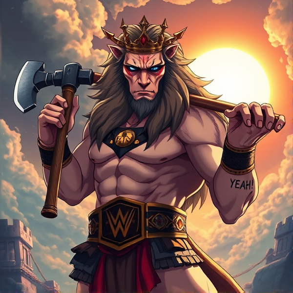 Un lion barbare dieux du soleil, il tien une hache dans la main, avec des poils de lion et une couronne et une carrure imposante et sans collier et avec la ceinture de la wwe le catcheur et ces lunettes de soleil, il a un tatoo sur le bras écris YEAH!