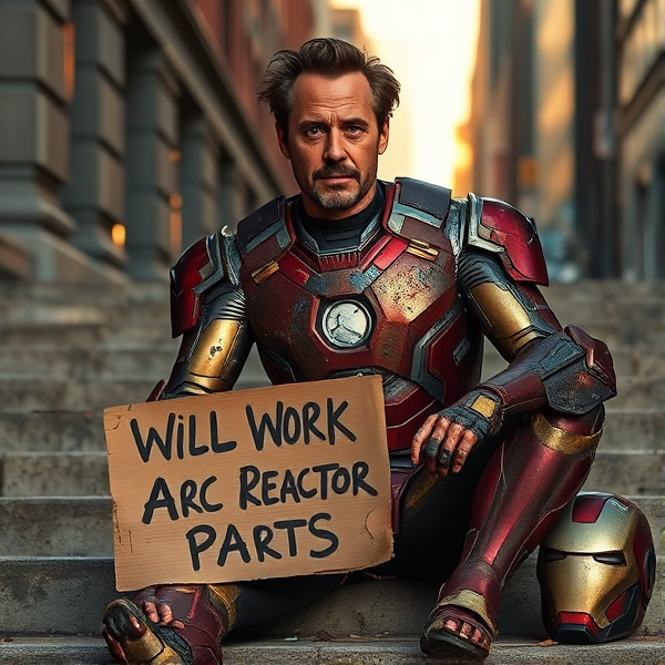 A disheveled Tony Stark clad in a patchwork suit of Iron Man armor, pieces missing and rusted, sitting on urban street steps with a cardboard sign that reads "Will Work for Arc Reactor Parts". The setting sun casts long shadows over the scene, highlighting the stark contrast between the high-tech suit and the hard times faced by its wearer. His face bears a weary but resilient expression, and beside him lies an old helmet with a cracked visor.