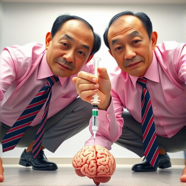 Deux hommes d'affaires japonais senior , vêtus de chemises roses, sont accroupis. Ils arborent des cravates longues et soyeuses avec des rayures bleues et rouges. Leurs regards sont fixes, pénétrants et pleins d'assurance vers l'objectif de la caméra. Les hommes plantent  une seringue profondément dans le cerveau comme s'ils allaient injecter une drogue .La prise de vue est en contre-plongée pour accentuer leur présence imposante