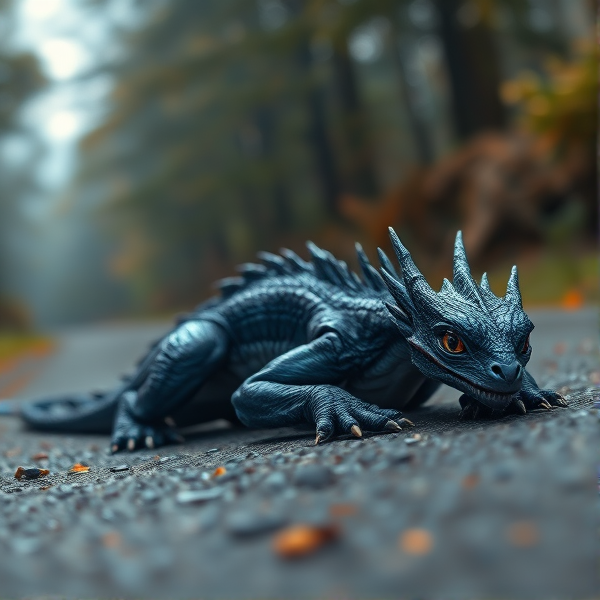 Skinny, starving blue and black baby dragon lying on a road