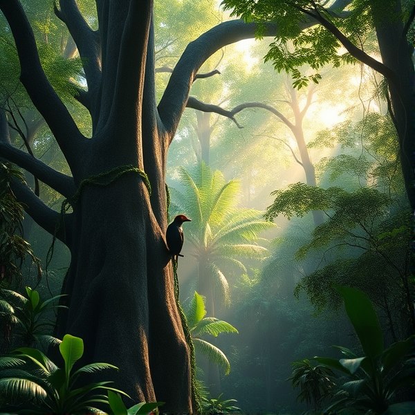 Forêt tropicale luxuriante du Gabon illustrant une biodiversité exceptionnelle avec des espèces animales endémiques perchées sur d'immenses arbres anciens, des lianes épaisses s'enroulant autour de troncs robustes et des rayons de soleil perçant délicatement le dense feuillage vert pour créer un jeu de lumière naturel et vivant
