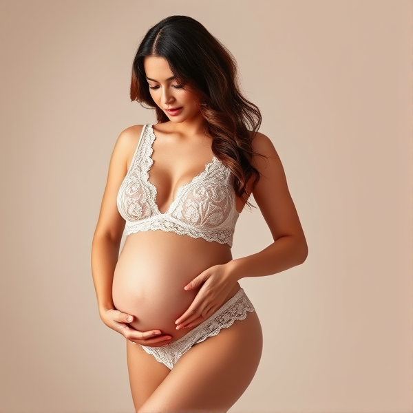 Elegant expectant woman gracefully posing in delicate lace maternity lingerie, showcasing her pregnancy with poise and confidence against a soft, neutral background