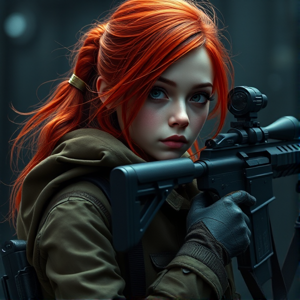 a red head girl, serious expression, using a militar heavy coat,  carrying a technologial sniper rifle on her back, cyberpunk style