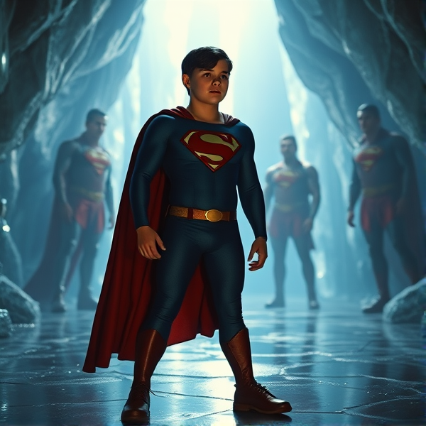 1990's Cinematic Movie Scene: Jon Kent, AKA Superboy, the young little 12-year old super son of Superman, and the first kid to be born as the world's first Half-Kryptonian child. Despite being a kid, he has all of his father's powers, with an extremely muscular body, the iconic costume, the singular curled bang sticking out at the front of his flat and smooth black hair, and a long cape. The young little Half-Kryptonian kid, Jon Kent, now Superboy, stands in his secret icy crystal lair in the Arctic, the Fortress Of Solitude, talking to the apparitions of his ancient Kryptonian ancestors for help, information, and guidance to his destiny.