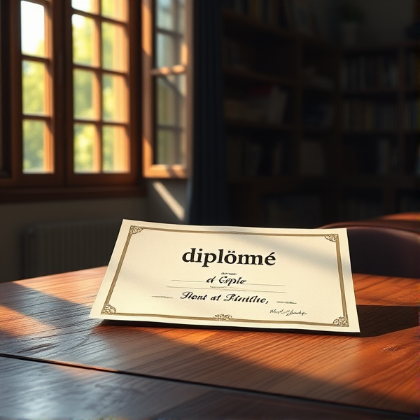 diplôme posé soigneusement sur une table en bois avec l'inscription diplôme en français lumière douce de matin filtrant par une fenêtre ouverte, ambiance studieuse