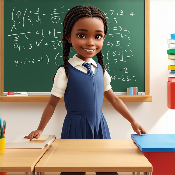 jeune fille noire de 10 ans, vêtue d'un uniforme scolaire des tresses africaines, debout souriante et concentrée devant un tableau noir rempli de calcul mathématique dans une salle de classe ensoleillée et colorée avec des bureaux en bois et des affiches éducatives sur les murs