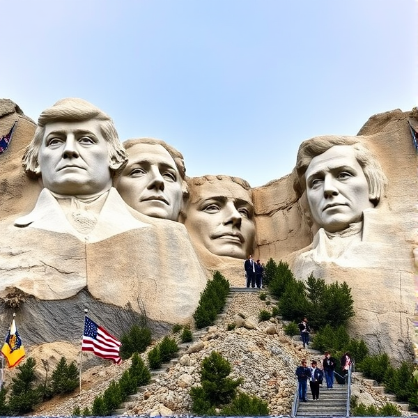 A meticulous carving of Donald Trump, Robert F. Kennedy Jr., J.D. Vance, and Elon Musk stylized as the iconic Mount Rushmore National Memorial, with each face distinctly detailed and capturing the essence of each personality in a grand and presidential manner