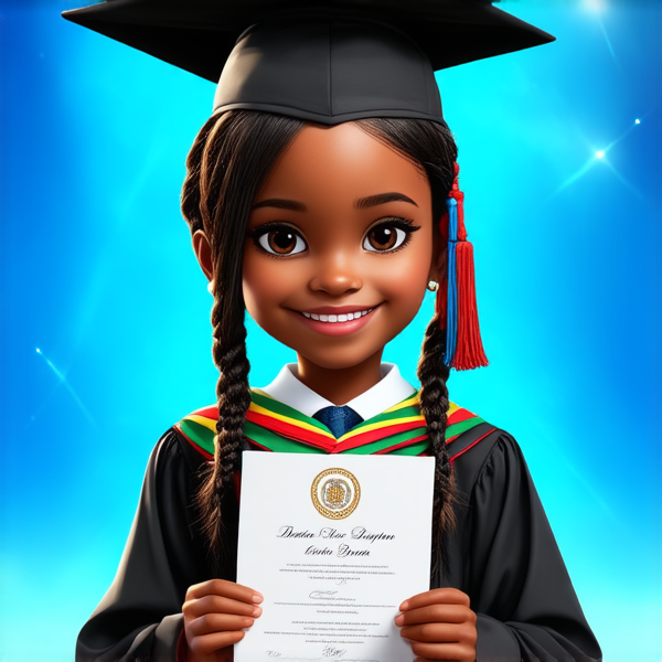jeune fille noire de huit ans avec des tresses africaines traditionnelles, habillée élégamment pour une cérémonie de remise de diplôme, tenant son certificat, souriante et fière