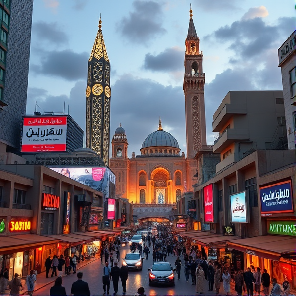 Casablanca in the year 2050, reimagined as a vibrant fusion of classic Moroccan motifs and high-tech urban development. Picture a skyline punctuated by sleek, towering skyscrapers with ornate geometric patterns reflecting traditional design. The streets below teem with life; neon signs illuminate bustling souks where modern hovercraft glide past, mingling seamlessly with foot traffic. Look for individuals adorned in an eclectic mix of traditional Moroccan garments and avant-garde fashion, many sporting sophisticated cybernetic enhancements. A reinvented Hassan II Mosque stands majestically with state-of-the-art modifications, overseeing this harmonious blend of old and new. Holographic billboards flicker with advertisements in Arabic script and French words, while robot vendors weave through the crowds offering local street cuisine that fills the air with the aromatic fragrance of spices and mint tea.