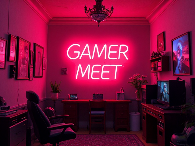 Une chambre de gamer avec un néon où il est écrit: Gamer Meet