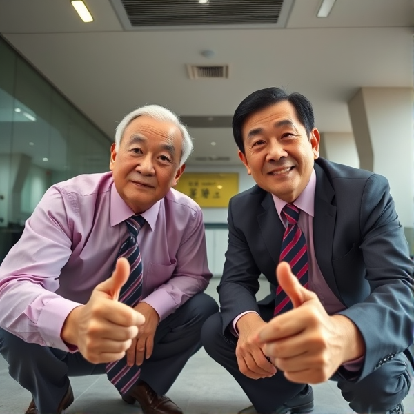 Deux hommes d affaires japonais senior accroupis qui regardent la caméra 
Chemise rose foncée et longue cravate rayée large. Ils claquent des doigts 

Vue contre-plongée