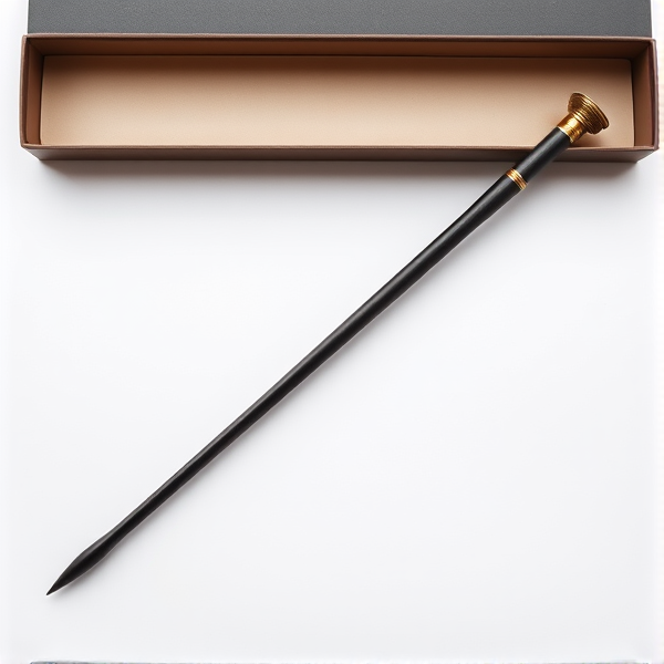 Une baguette magique longue, fine et élégante tout en gardant ça masculinité. Sur une fond blanc et dans une boite. La pointe doit être simple.