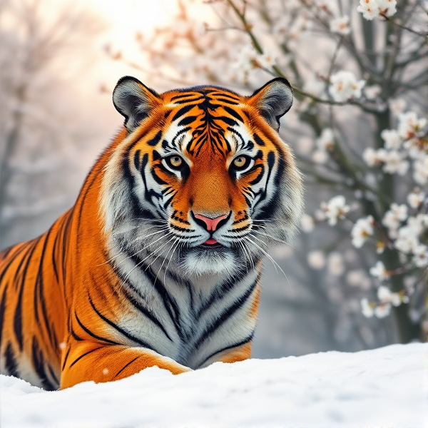 Majestic Siberian tiger against a serene snowy winter backdrop split with spring blossoming in the background, showcasing the transition between seasons, vivid colors