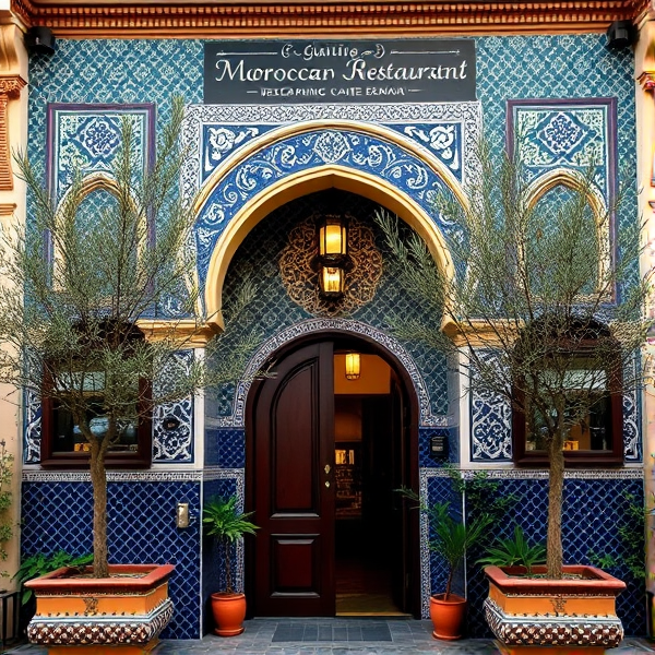 A charming Moroccan restaurant facade with blue mosaic tiles, arched doorway, and hanging lanterns, potted olive trees framing the entrance