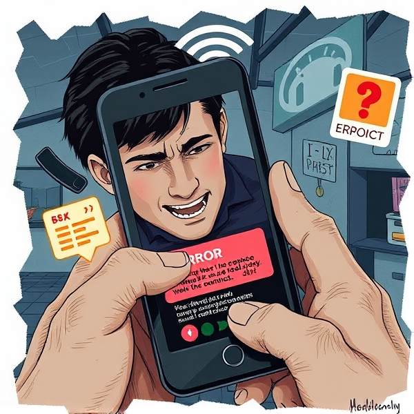 Create a detailed illustration that showcases the risks associated with the illegal importation of substandard mobile phones which are incompatible with 3G networks, highlighting their inability to connect to emergency services during critical times. The image should emphasize the potential danger by featuring a dramatic scene where someone is desperately trying to make an emergency call but is being hindered by the malfunctioning device. Include visual cues such as error messages on the phone screen, a stressed individual in an emergency situation, and symbols representing poor network connectivity or disconnection.