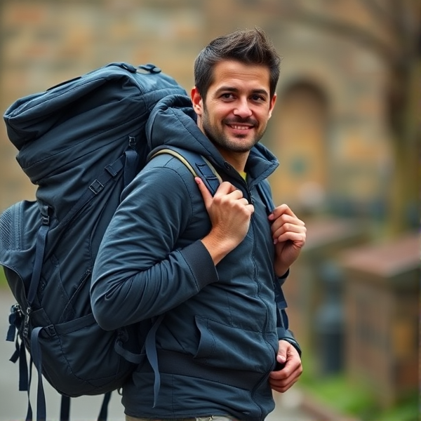 Man carrying lots of backpacks