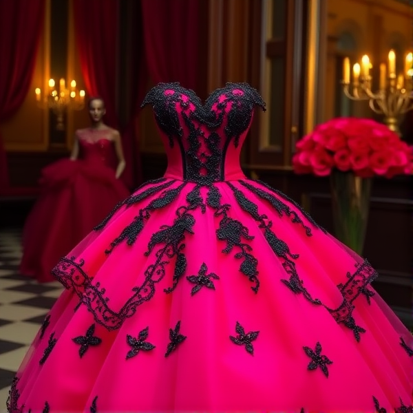 La robe était à présent d’un fuchsia riche,Une élégante rangée de nœuds ornait son corset cintré et décolleté, mis en valeur par une tournure à froufrous assortie. Dessous, des jupons festonnés– cinq volants délicats de tissus différents, superposition de dentelle noire, de soie et de tulle rose. Même ses bottes avaient changé ; le marron terne avait cédé la place à un assemblage raffiné de cuir et de dentelle noirs. Adultes